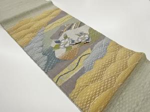 ふくれ織抽象曲線に花々模様織出し袋帯